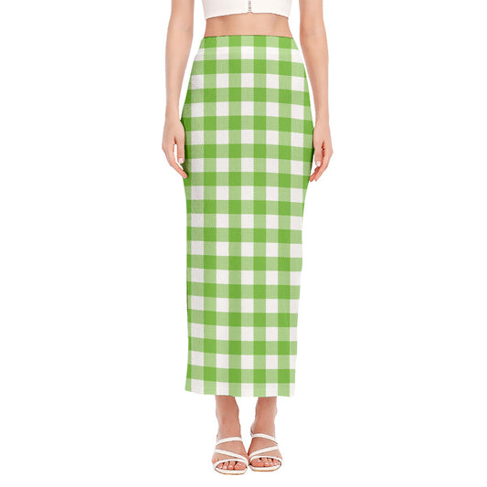 Pear Green And White Gingham Print Side Slit Maxi Skirt
