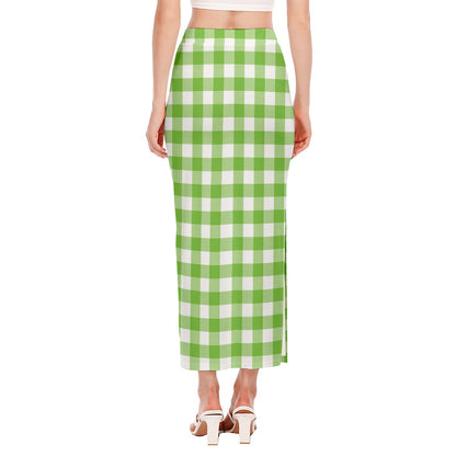Pear Green And White Gingham Print Side Slit Maxi Skirt