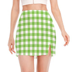 Pear Green And White Gingham Print Side Slit Mini Skirt