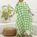 Pear Green And White Gingham Print Silk V-Neck Kaftan Dress