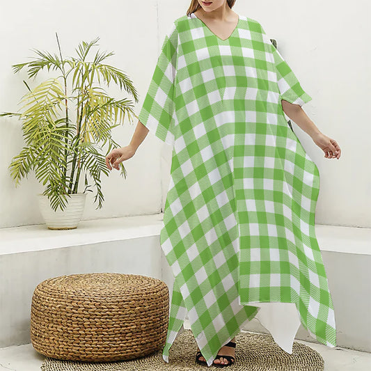 Pear Green And White Gingham Print Silk V-Neck Kaftan Dress