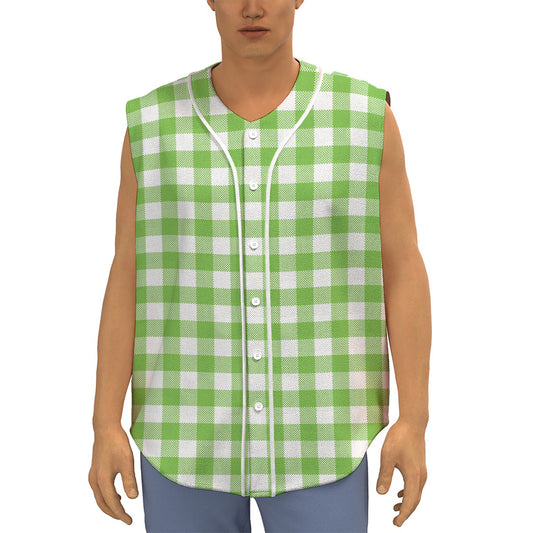 Pear Green And White Gingham Print Sleeveless Baseball Jersey