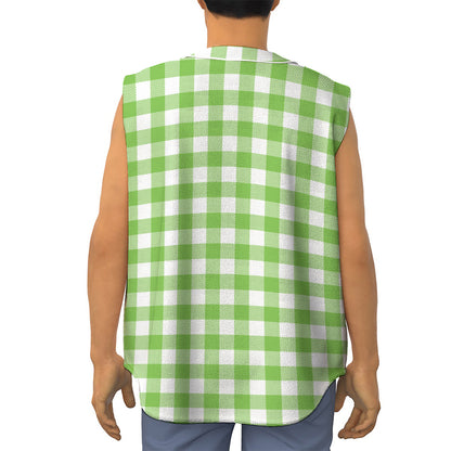 Pear Green And White Gingham Print Sleeveless Baseball Jersey
