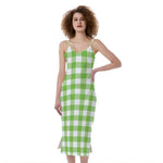 Pear Green And White Gingham Print Slim Fit Midi Cami Dress