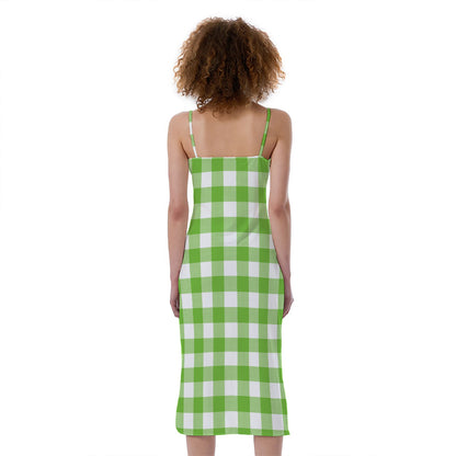 Pear Green And White Gingham Print Slim Fit Midi Cami Dress