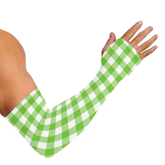 Pear Green And White Gingham Print Sun Protection Arm Sleeves