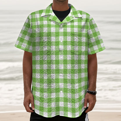 Pear Green And White Gingham Print Textured Short Sleeve Shirt