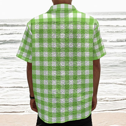 Pear Green And White Gingham Print Textured Short Sleeve Shirt