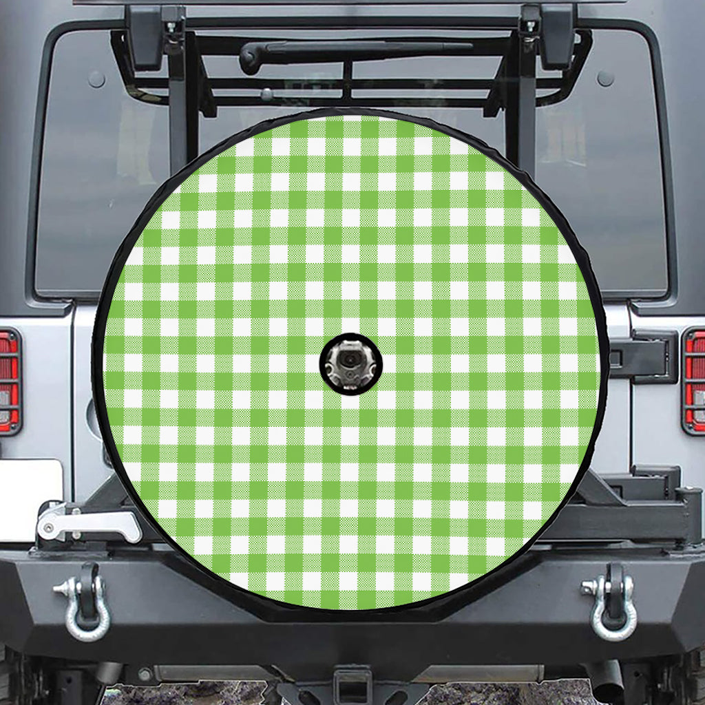 Pear Green And White Gingham Print Tire Cover With Camera Hole