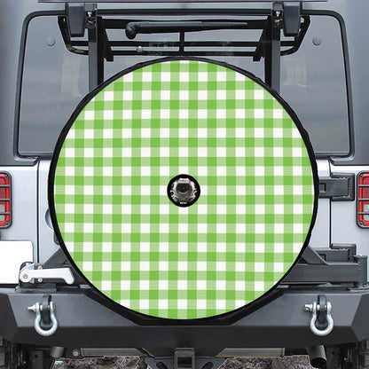 Pear Green And White Gingham Print Tire Cover With Camera Hole