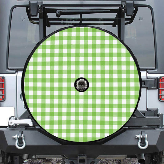 Pear Green And White Gingham Print Tire Cover With Camera Hole