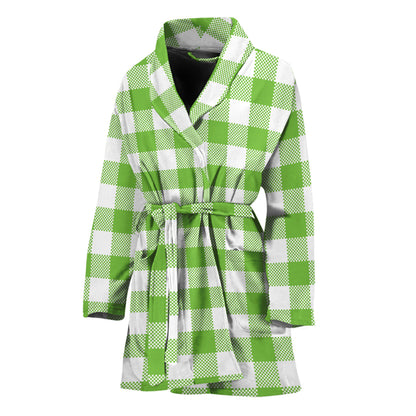 Pear Green And White Gingham Print Women's Bathrobe