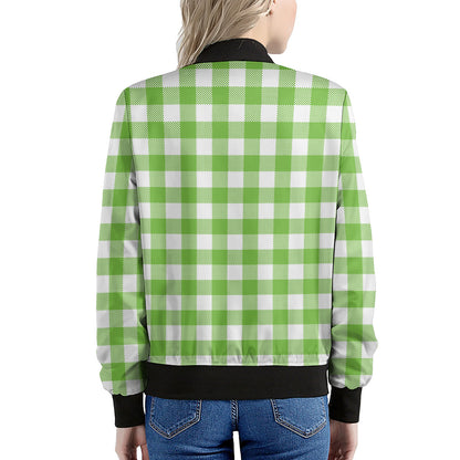 Pear Green And White Gingham Print Women's Bomber Jacket