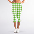 Pear Green And White Gingham Print Women's Capri Leggings