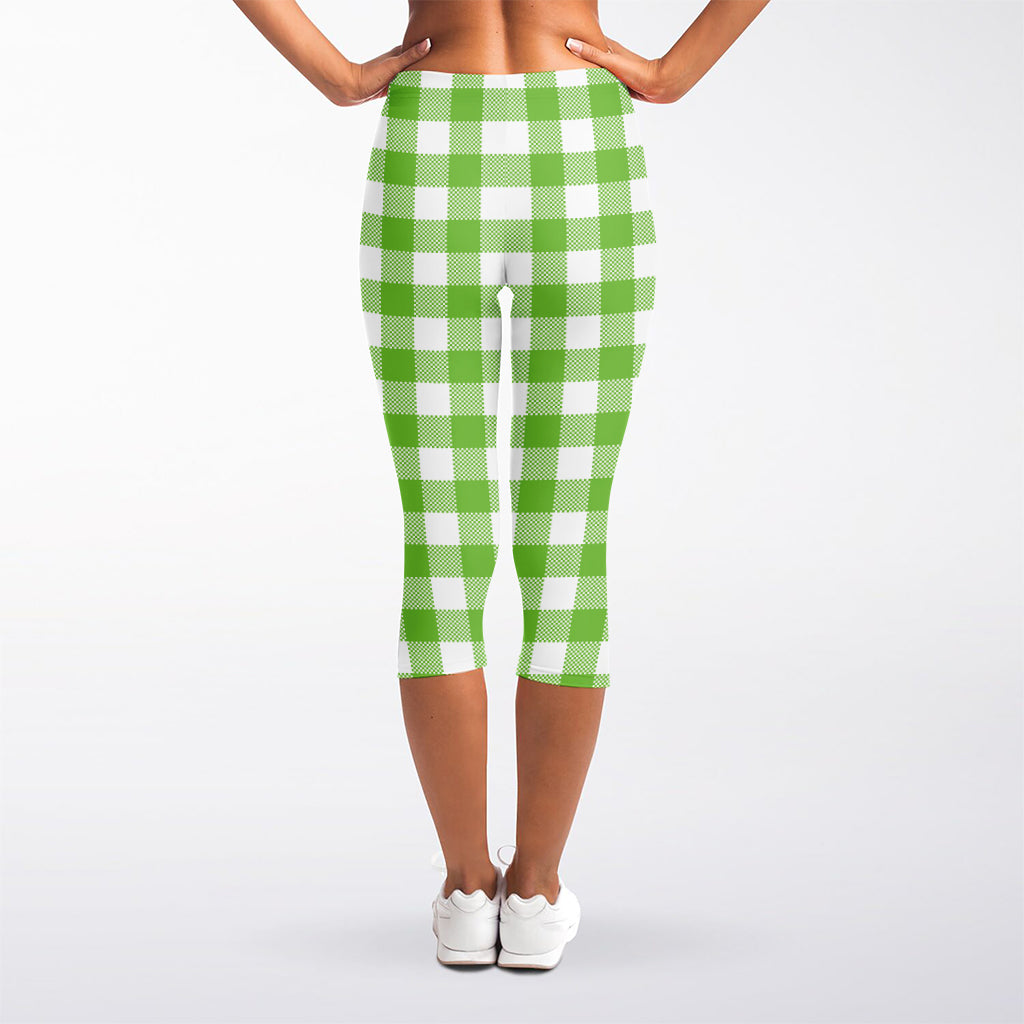 Pear Green And White Gingham Print Women's Capri Leggings