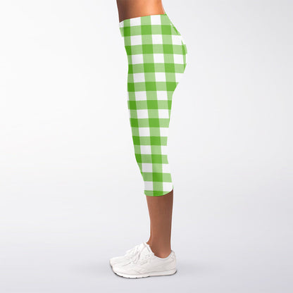 Pear Green And White Gingham Print Women's Capri Leggings