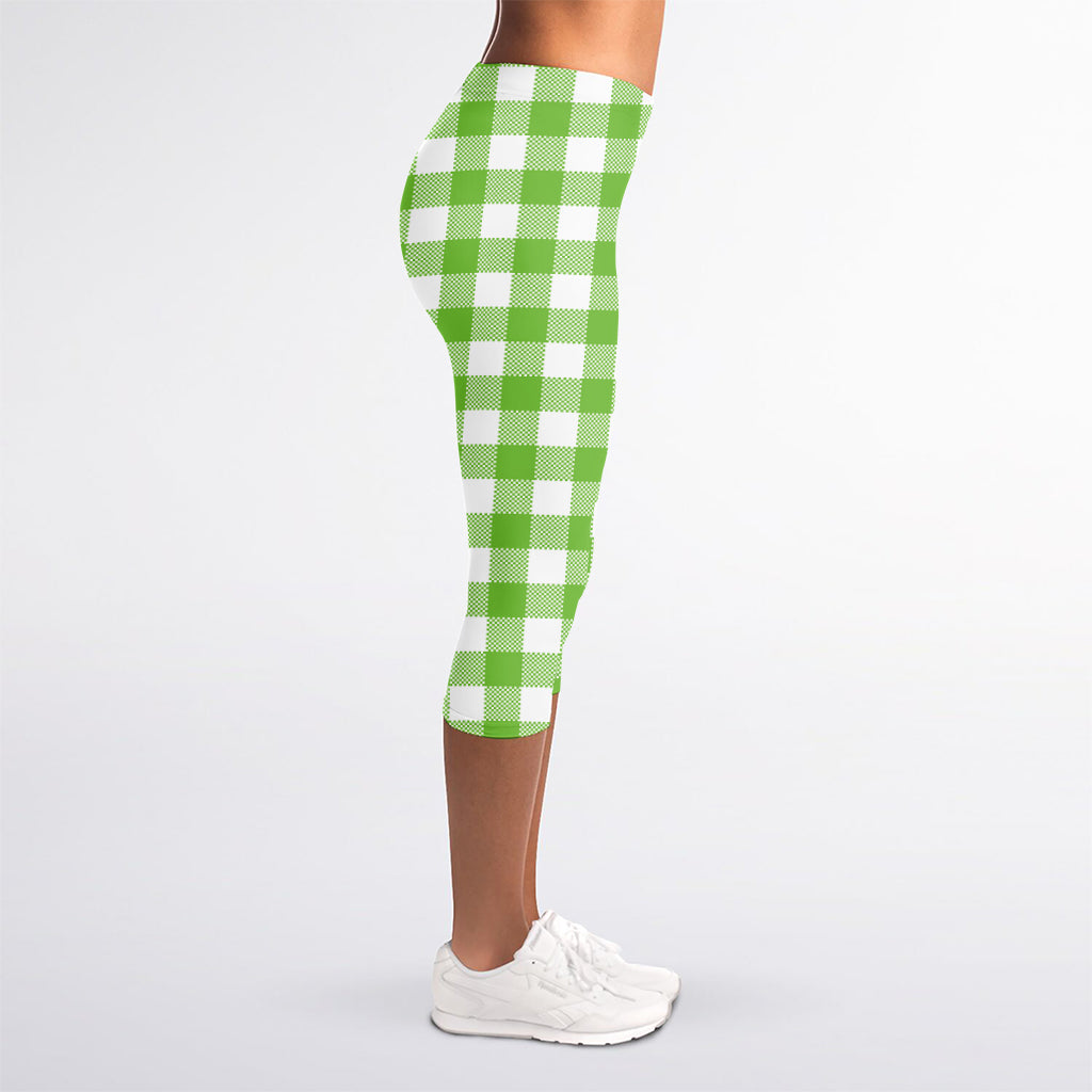 Pear Green And White Gingham Print Women's Capri Leggings