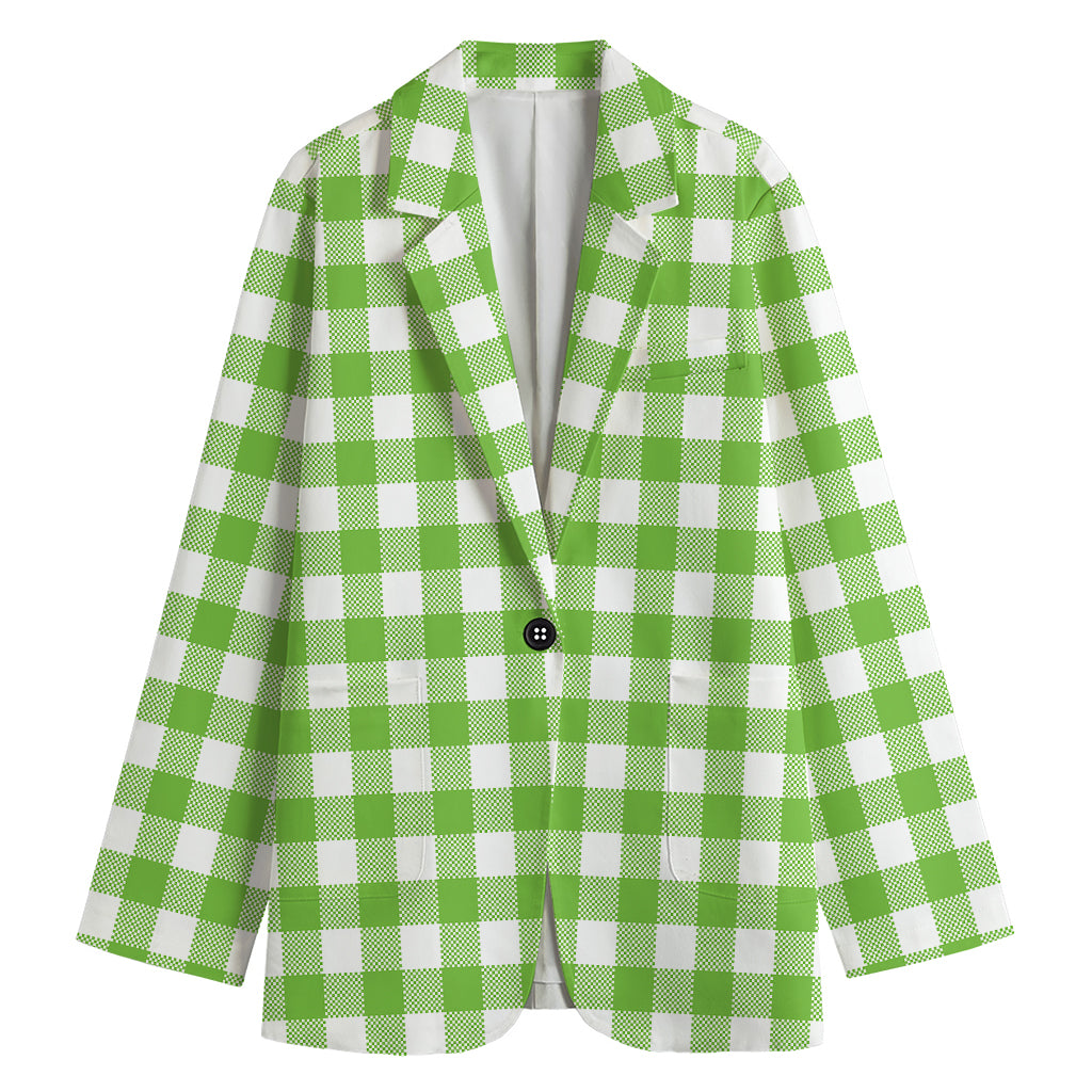 Pear Green And White Gingham Print Women's Cotton Blazer