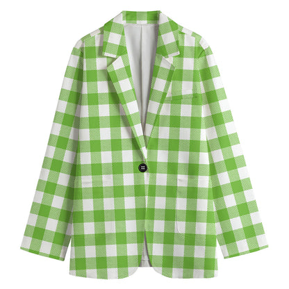Pear Green And White Gingham Print Women's Cotton Blazer