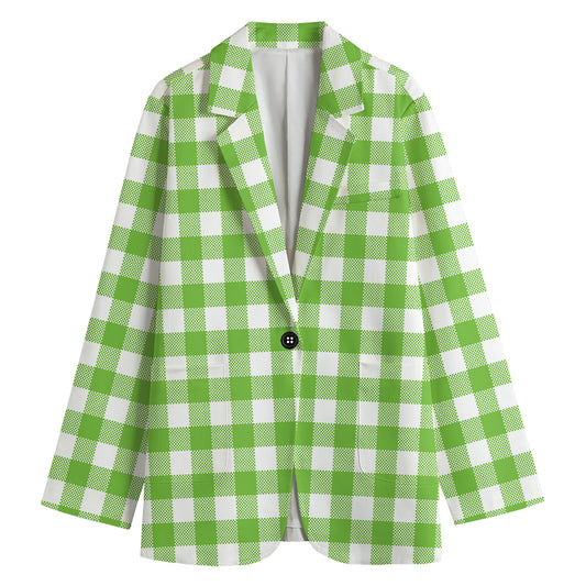 Pear Green And White Gingham Print Women's Cotton Blazer