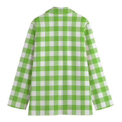 Pear Green And White Gingham Print Women's Cotton Blazer