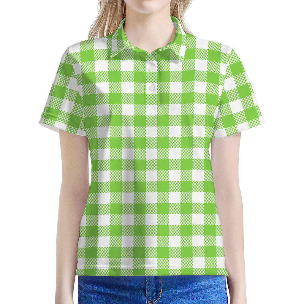 Pear Green And White Gingham Print Women's Polo Shirt