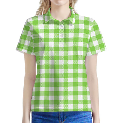 Pear Green And White Gingham Print Women's Polo Shirt
