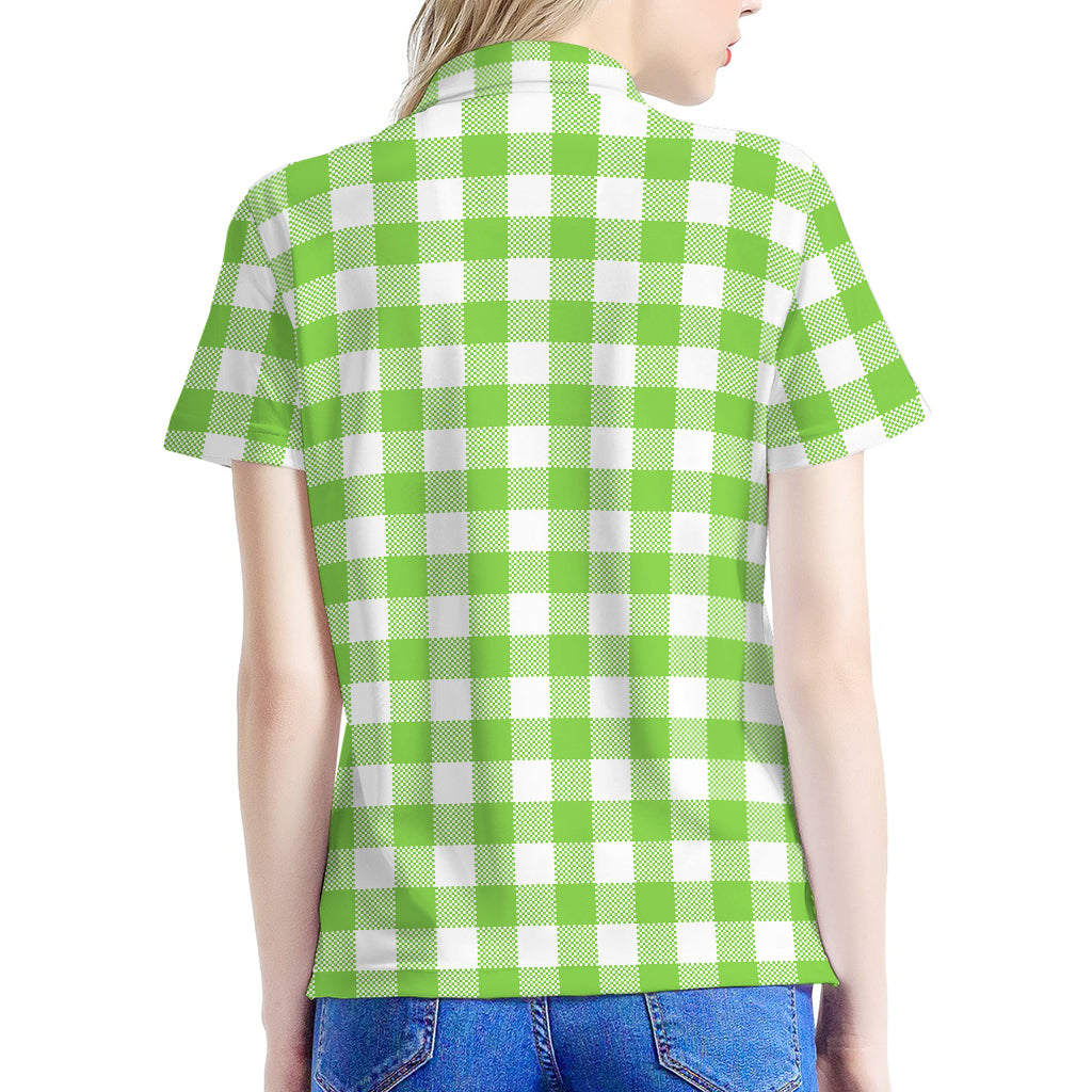 Pear Green And White Gingham Print Women's Polo Shirt