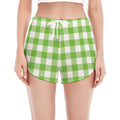 Pear Green And White Gingham Print Women's Split Running Shorts