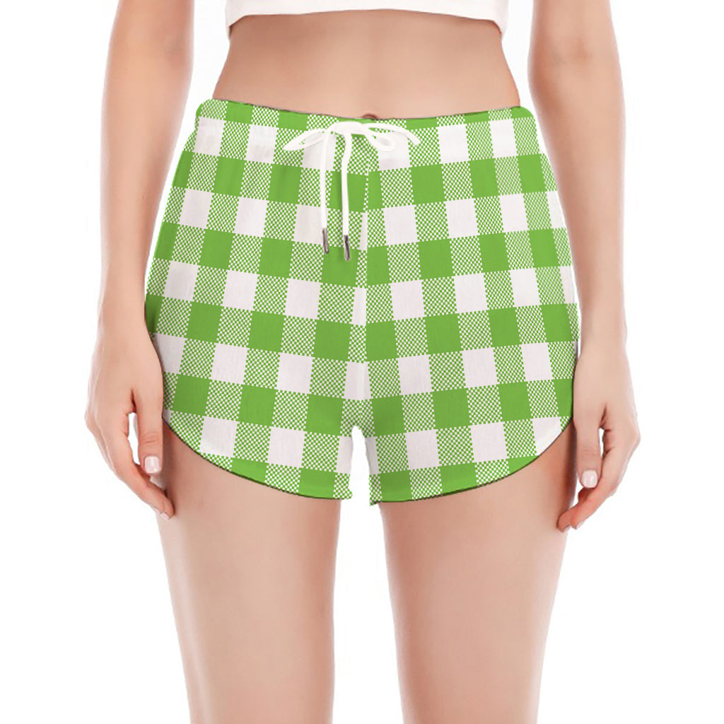 Pear Green And White Gingham Print Women's Split Running Shorts