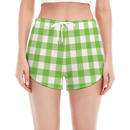 Pear Green And White Gingham Print Women's Split Running Shorts