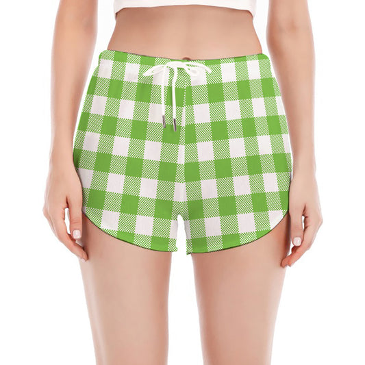 Pear Green And White Gingham Print Women's Split Running Shorts