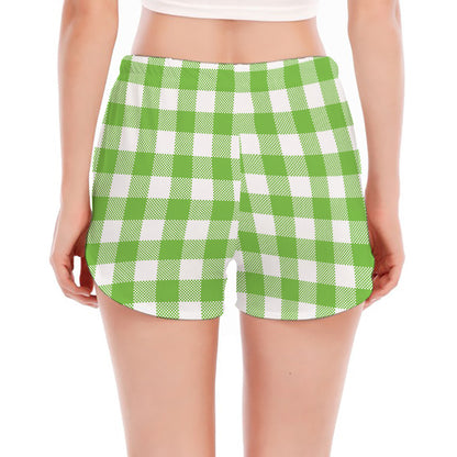 Pear Green And White Gingham Print Women's Split Running Shorts