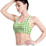 Pear Green And White Gingham Print Women's Sports Bra