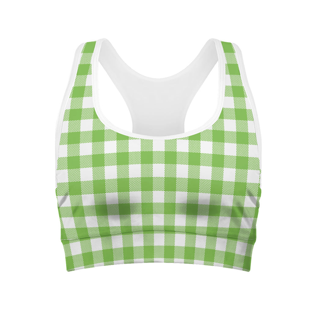 Pear Green And White Gingham Print Women's Sports Bra