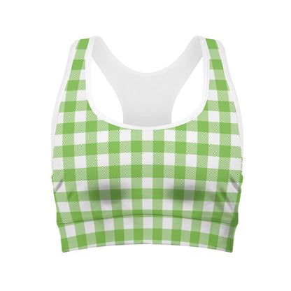 Pear Green And White Gingham Print Women's Sports Bra