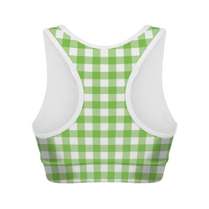 Pear Green And White Gingham Print Women's Sports Bra