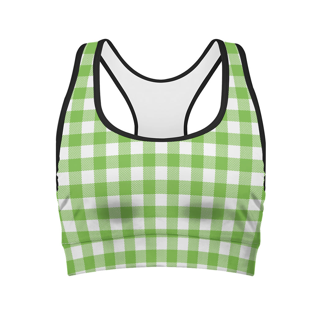 Pear Green And White Gingham Print Women's Sports Bra