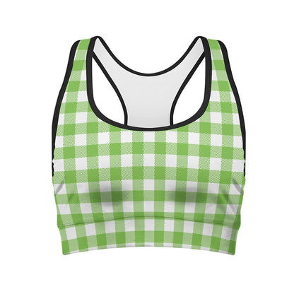 Pear Green And White Gingham Print Women's Sports Bra
