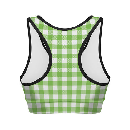 Pear Green And White Gingham Print Women's Sports Bra
