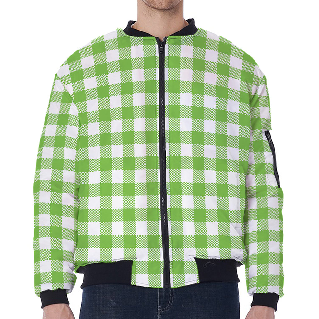 Pear Green And White Gingham Print Zip Sleeve Bomber Jacket