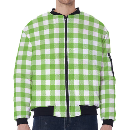 Pear Green And White Gingham Print Zip Sleeve Bomber Jacket