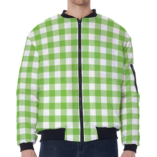 Pear Green And White Gingham Print Zip Sleeve Bomber Jacket