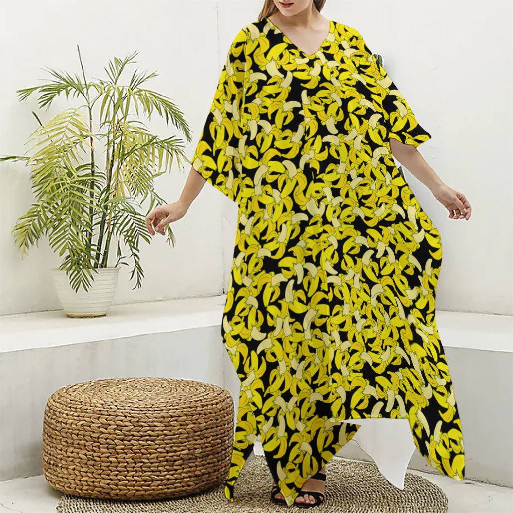Peeled Banana Pattern Print Silk V-Neck Kaftan Dress