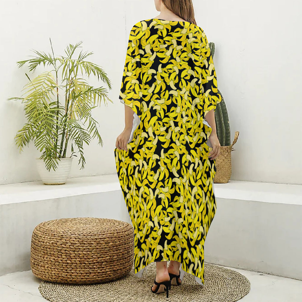 Peeled Banana Pattern Print Silk V-Neck Kaftan Dress