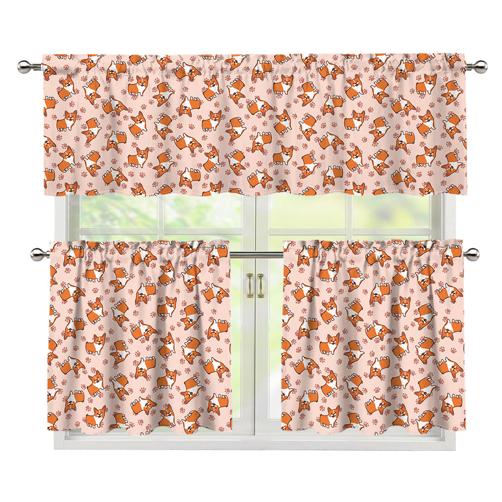 Pembroke Welsh Corgi Pattern Print 3 Piece Kitchen Curtains