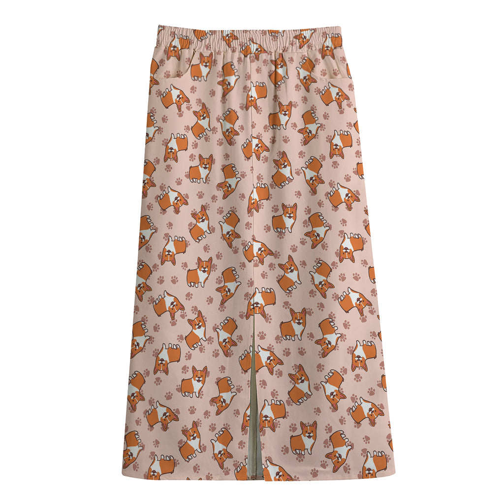 Pembroke Welsh Corgi Pattern Print Cotton Front Slit Maxi Skirt