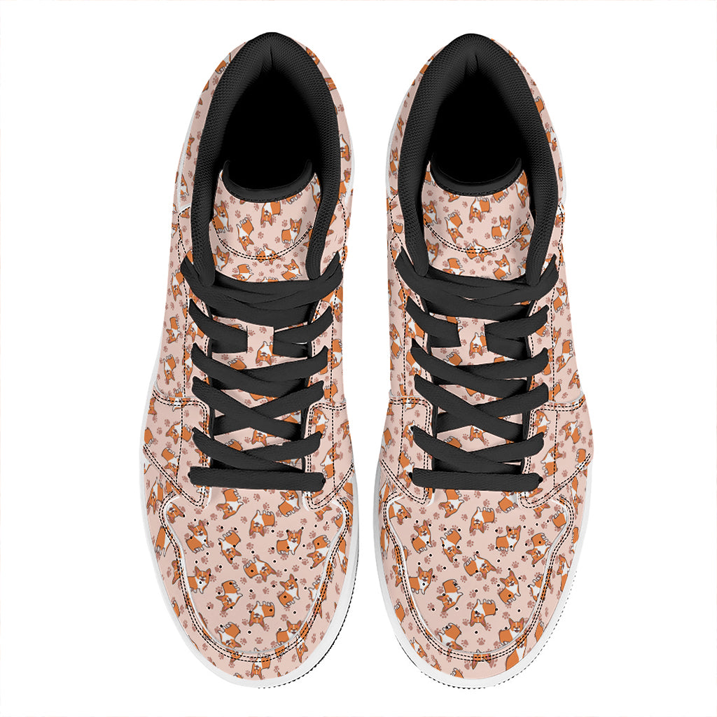 Pembroke Welsh Corgi Pattern Print High Top Leather Sneakers