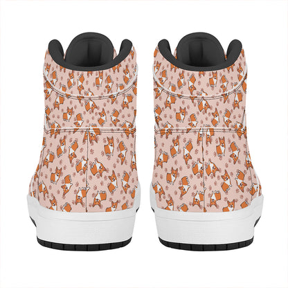 Pembroke Welsh Corgi Pattern Print High Top Leather Sneakers