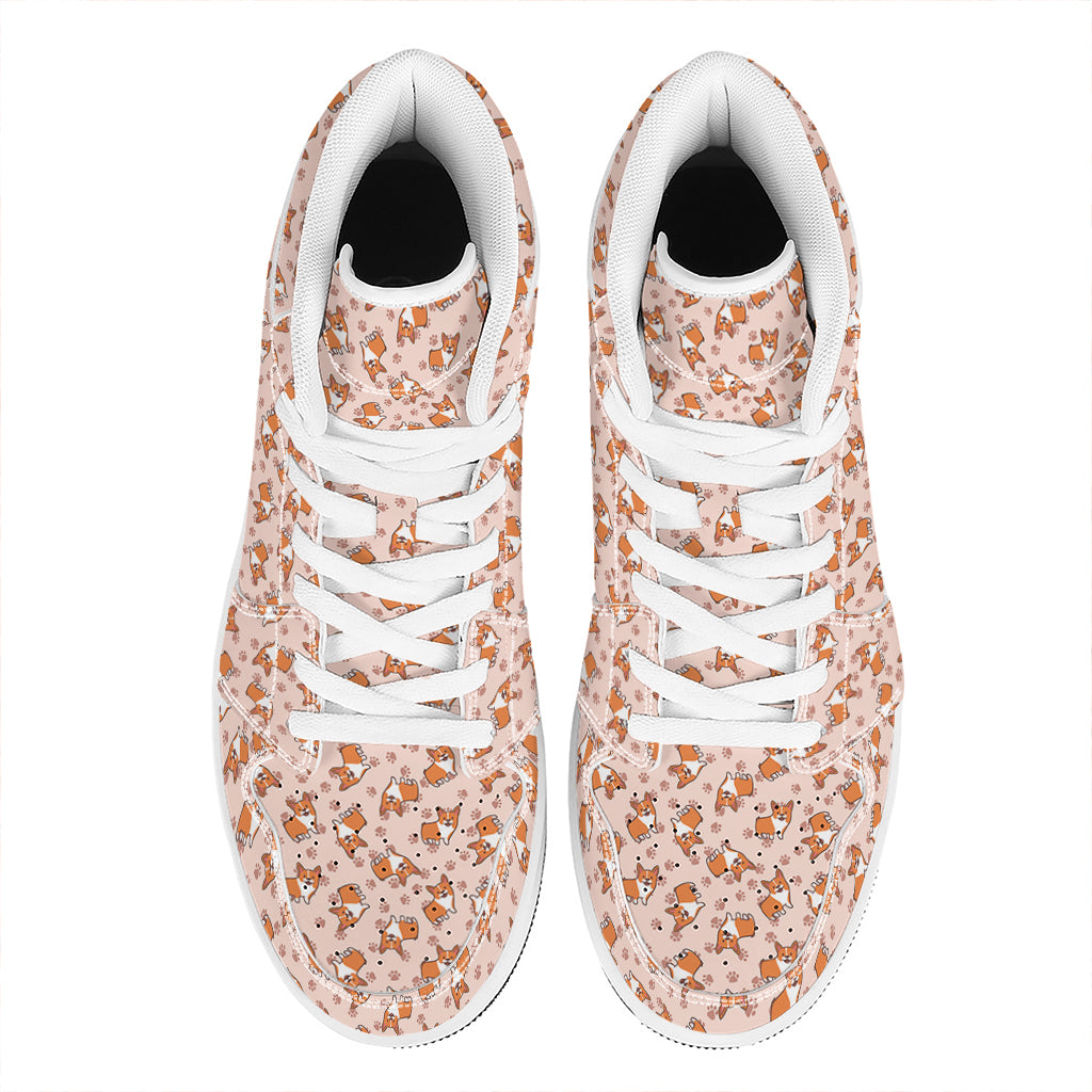 Pembroke Welsh Corgi Pattern Print High Top Leather Sneakers